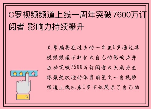 C罗视频频道上线一周年突破7600万订阅者 影响力持续攀升