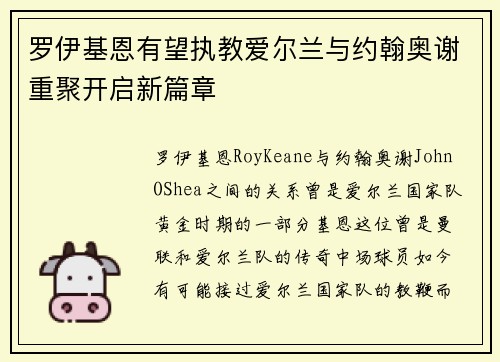 罗伊基恩有望执教爱尔兰与约翰奥谢重聚开启新篇章 罗伊基恩有望执教爱尔兰与约翰奥谢重聚开启新篇章